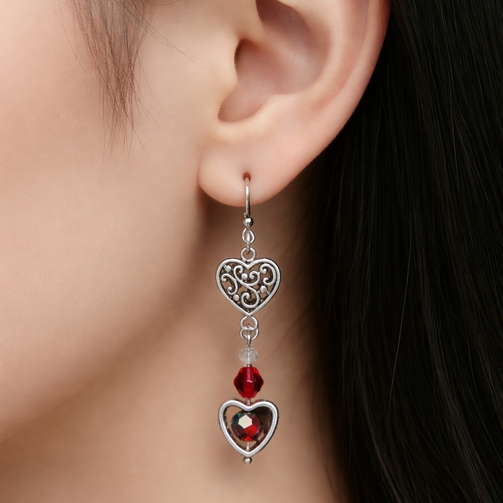 Valentine's Day Gift! Elegant, Filagree Heart and Red Sparkly Beads Earrings